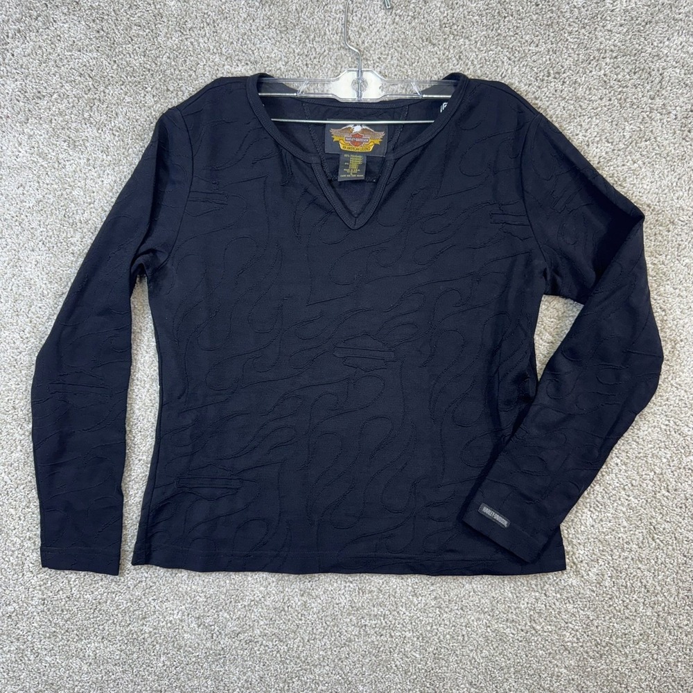 Harley Davidson Womens T Shirt Top Large Black Textured Flame Long Sleeve V Neck